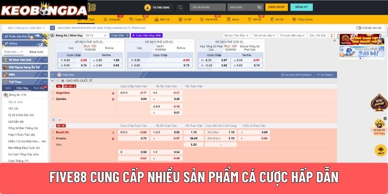 Five88 cung cấp nhiều sản phẩm cá cược hấp dẫn
