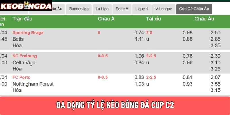Đa dạng tỷ lệ kèo bóng đá CUP C2