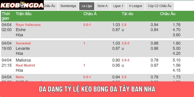 Đa dạng tỷ lệ kèo bóng đá Tây Ban Nha