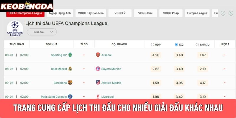 Trang cung cấp lịch thi đấu cho nhiều giải đấu khác nhau
